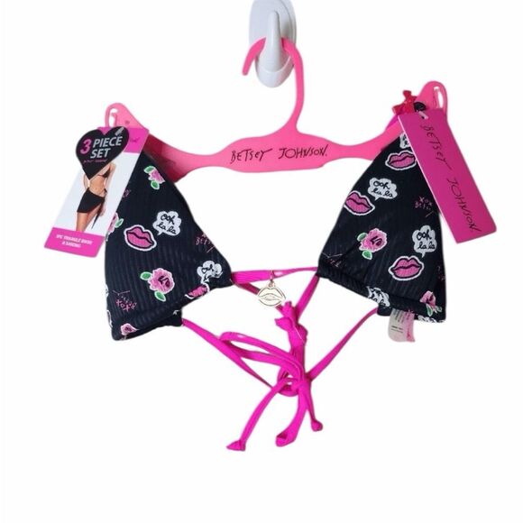 BETSEY JOHNSON 3 piece tie bikini Set Pink Black New - Picture 6 of 12